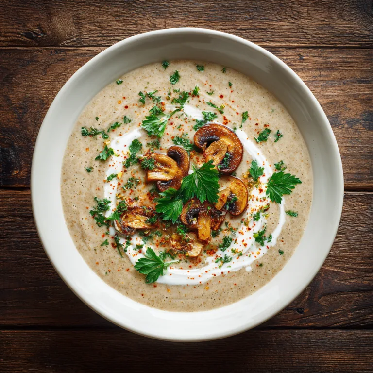 Champignonsuppe cremig in weißer Schüssel von oben mit Petersilie und Sahne
