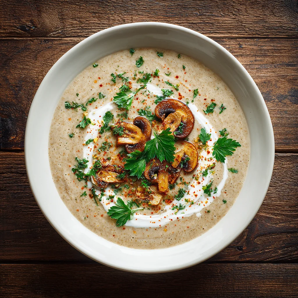 Champignonsuppe cremig in weißer Schüssel von oben mit Petersilie und Sahne