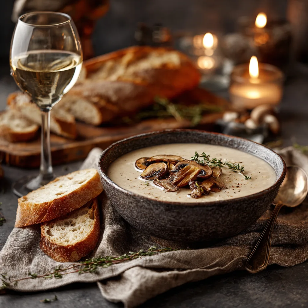 Champignonsuppe serviert auf gedecktem Tisch mit Baguette und Weißwein