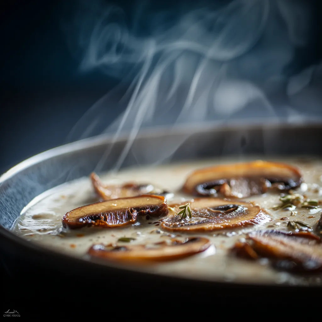 Nahaufnahme Champignonsuppe samtige Textur mit goldbraunen Pilzscheiben