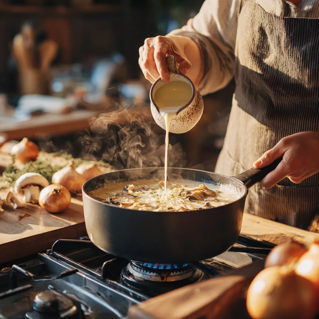 Champignonsuppe zubereiten Sahne eingiessen in Topf auf Herd