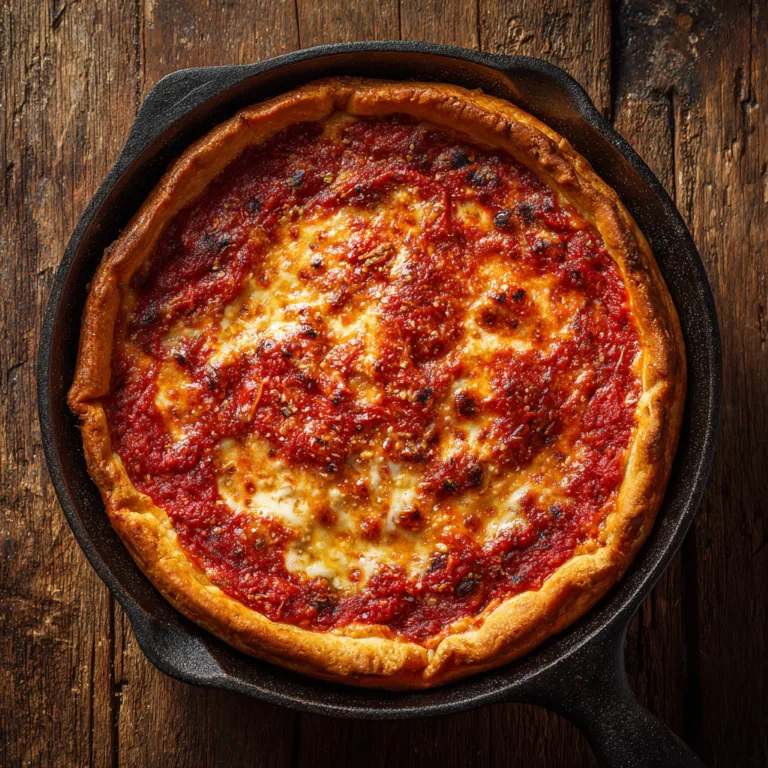Chicago Deep Dish Pizza von oben in gusseiserner Pfanne, frisch gebacken