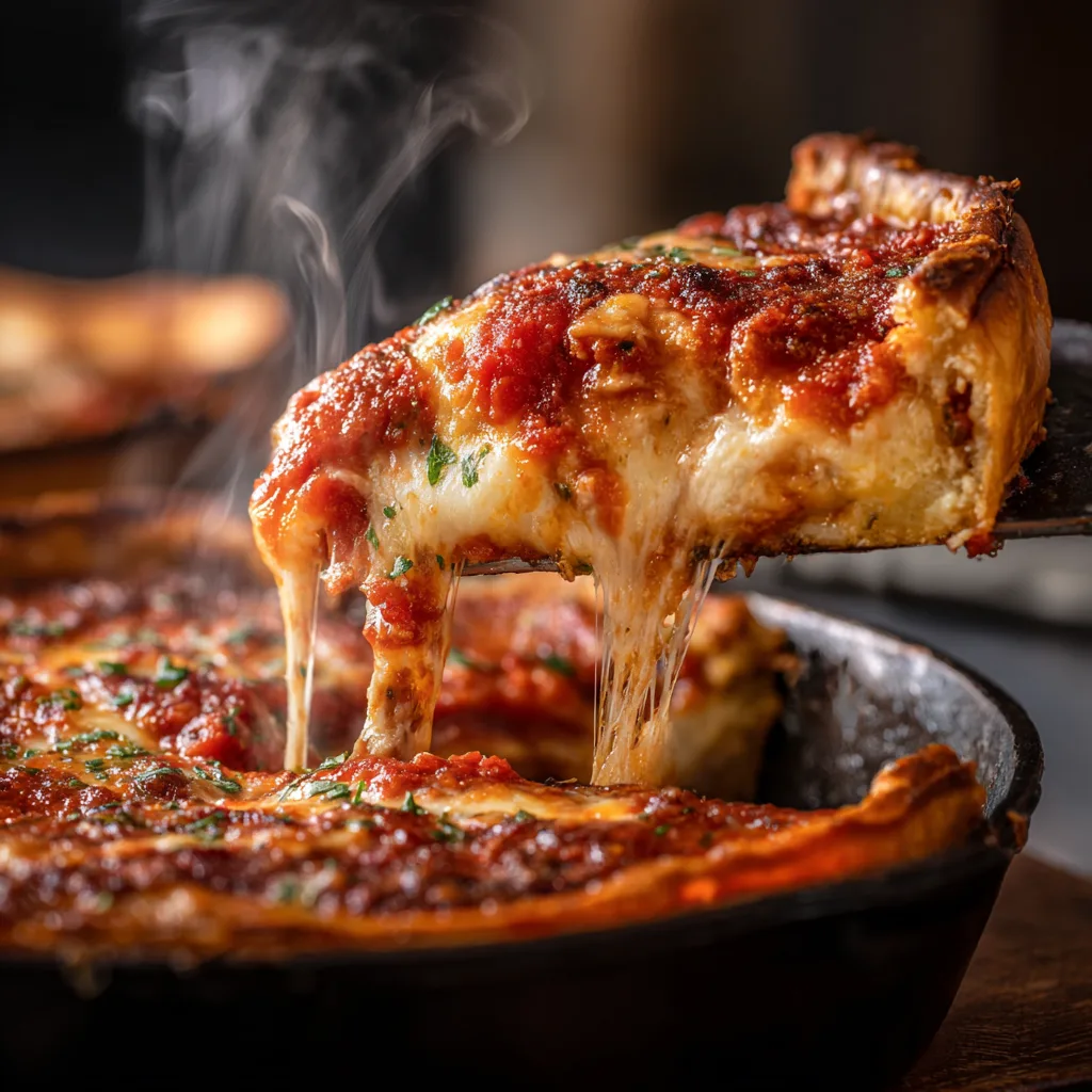 Nahaufnahme eines Chicago Deep Dish Pizza Stücks mit sichtbaren Schichten