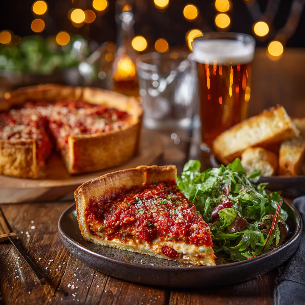 Chicago Deep Dish Pizza serviert auf gedecktem Tisch mit Salat und Bier