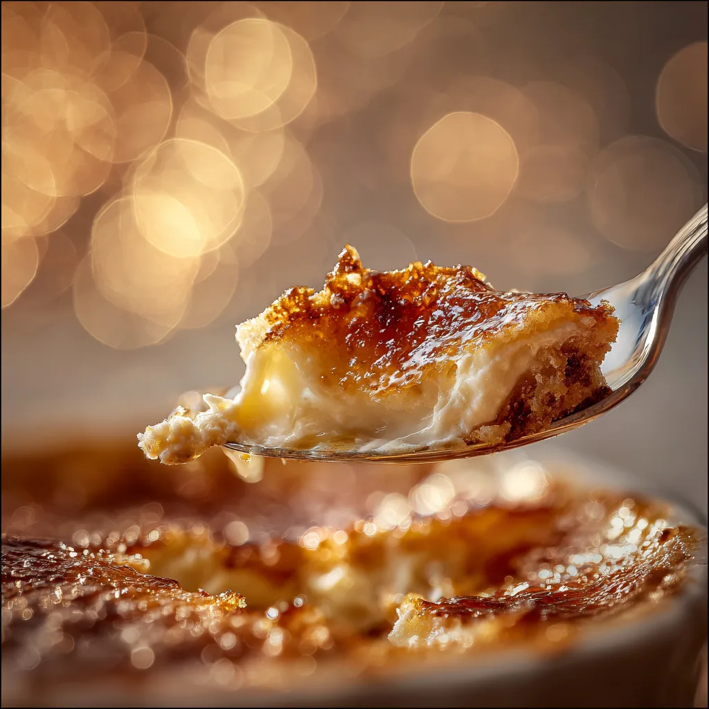 Crème Brûlée aufgebrochen mit Löffel – cremige Vanillefüllung unter knuspriger Kruste