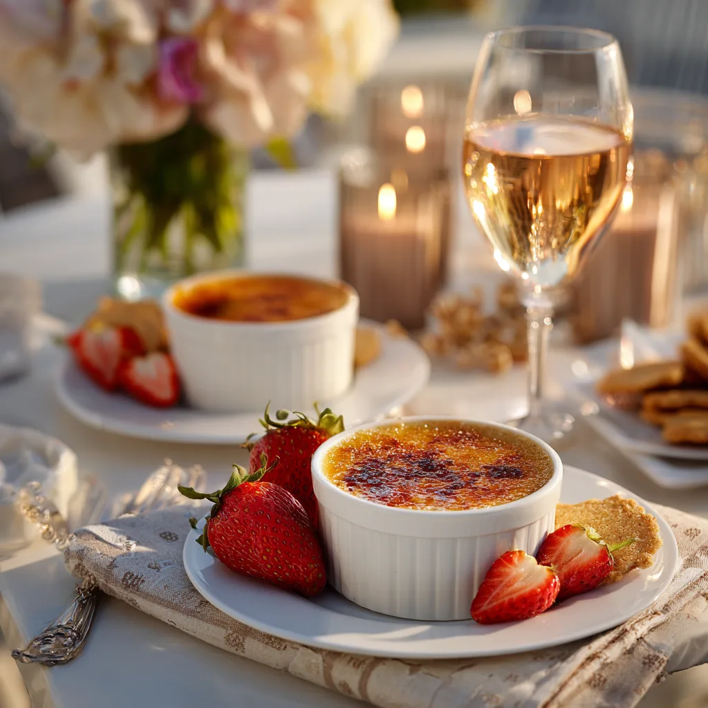 Crème Brûlée servieren – angerichtetes französisches Dessert auf gedecktem Tisch