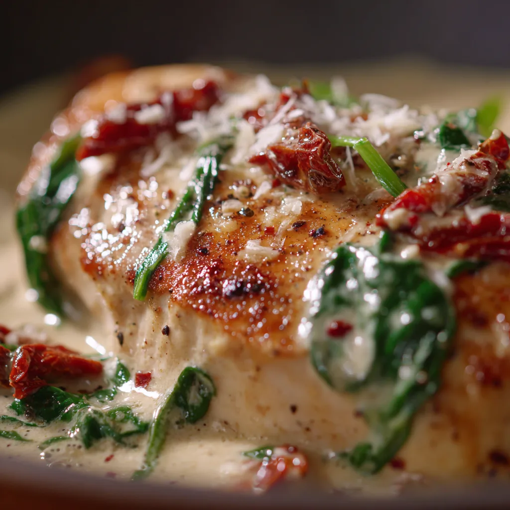 Nahaufnahme der cremigen Toskana Hähnchen Sauce mit getrockneten Tomaten und Parmesan