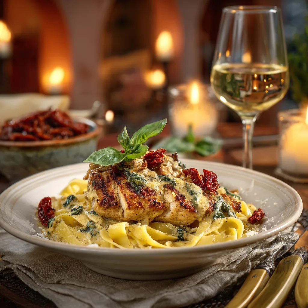 Cremiges Toskana Hähnchen serviert auf Tagliatelle mit frischem Basilikum und Parmesan