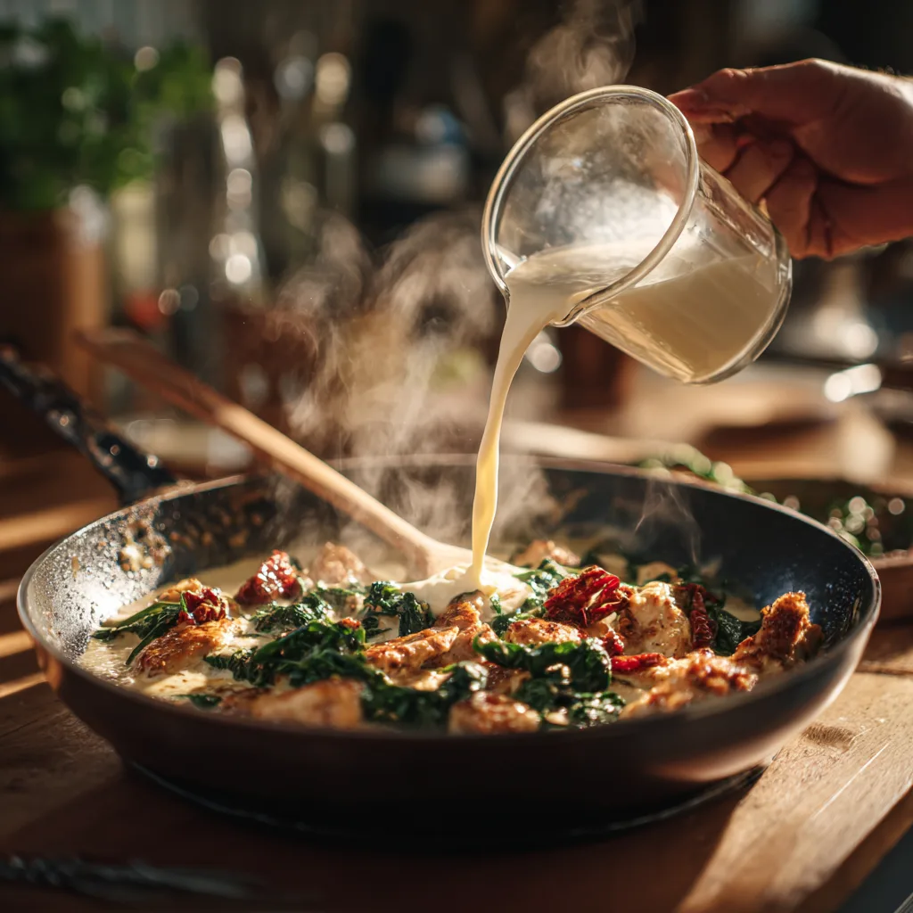 Zubereitung von cremigem Toskana Hähnchen in der Pfanne – Sahne wird hinzugegossen