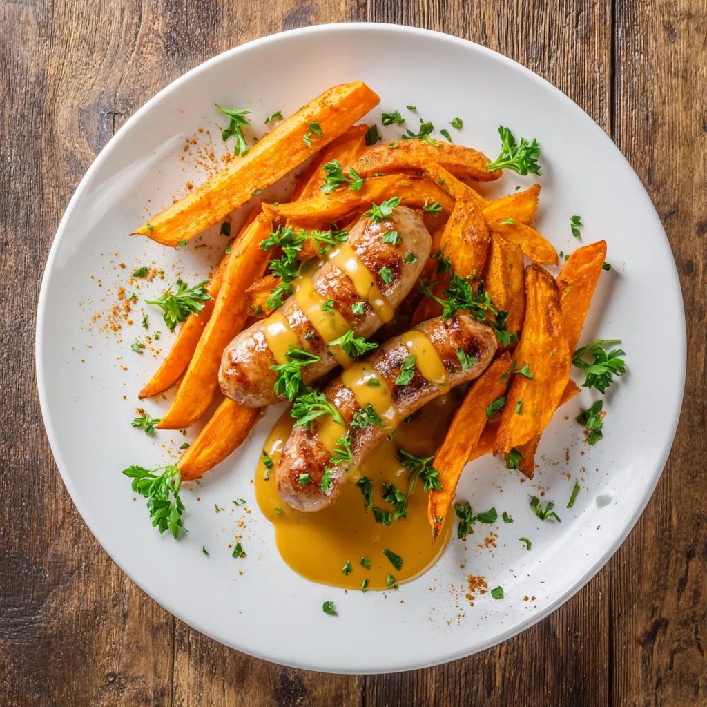 Currywurst mit Süßkartoffel-Pommes auf weißem Teller mit Currysoße und Petersilie