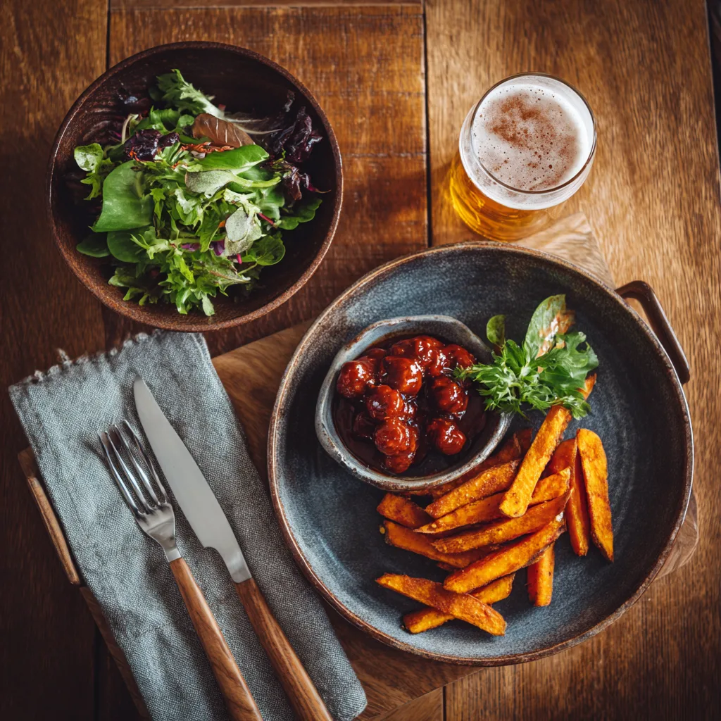 Currywurst mit Süßkartoffel-Pommes serviert auf rustikalem Holztisch mit Beilagen