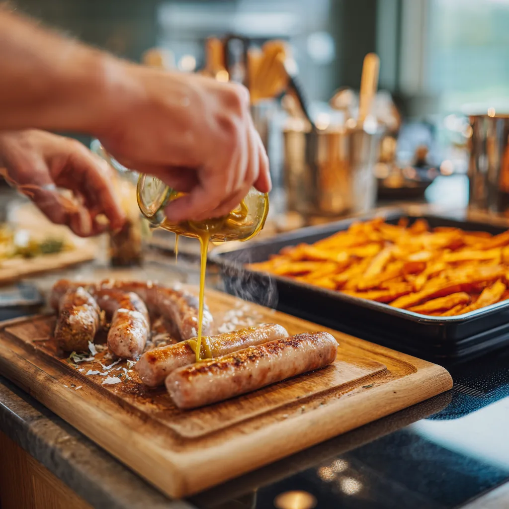 Zubereitung von Currywurst mit Süßkartoffel-Pommes in der Küche