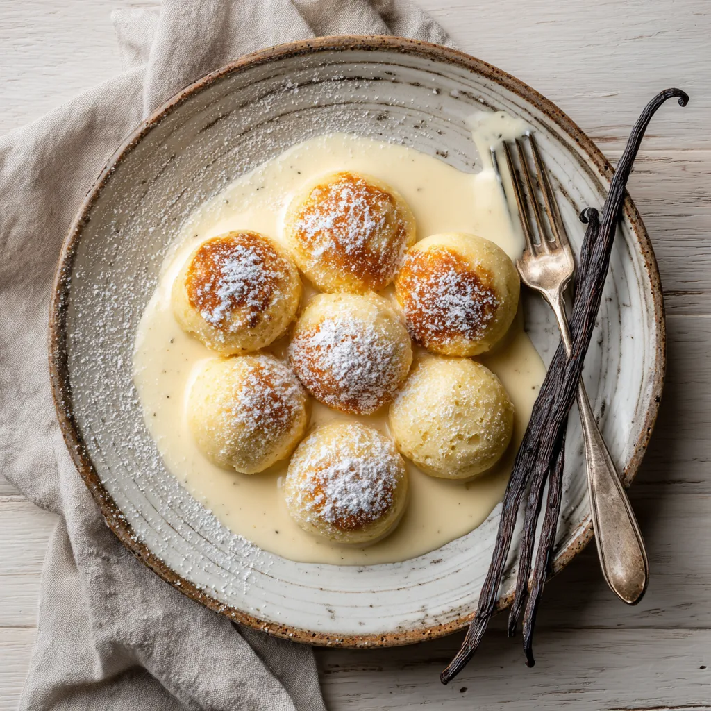 Dampfnudeln mit Vanillesauce von oben – fluffige Hefeklöße mit cremiger Sauce
