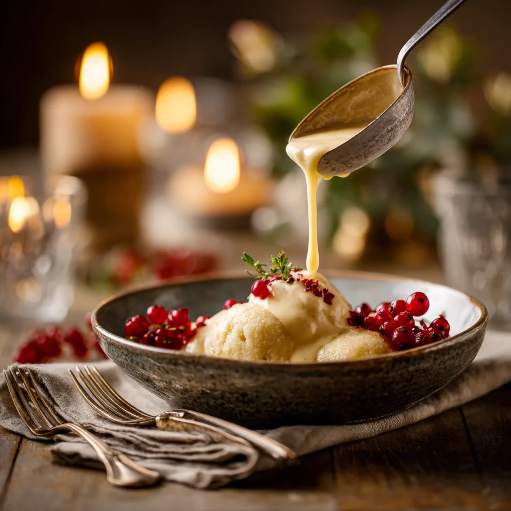 Dampfnudeln mit Vanillesauce serviert auf gedecktem Tisch mit Kännchen und frischen Beeren