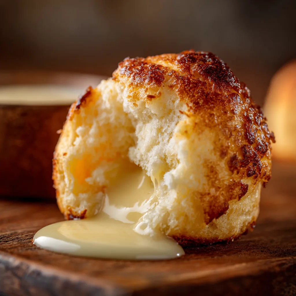 Nahaufnahme einer aufgebrochenen Dampfnudel mit luftigem Teig und goldener Kruste