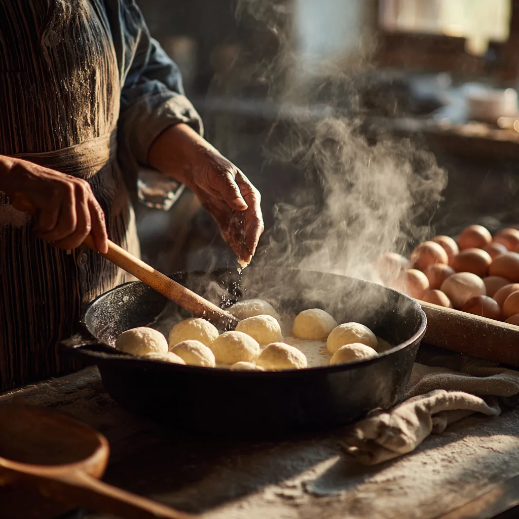 Dampfnudeln Zubereitung – Teigkugeln werden in den Topf mit Milch-Butter-Flüssigkeit gesetzt