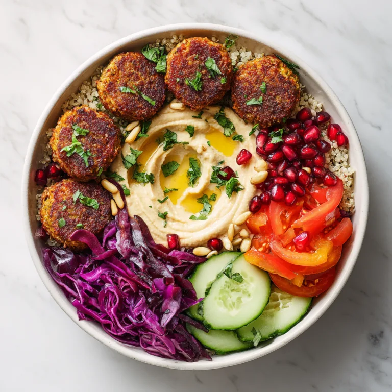 Falafel Bowl mit knusprigen Falafel, Hummus, Quinoa und frischem Gemüse in bunter Anordnung