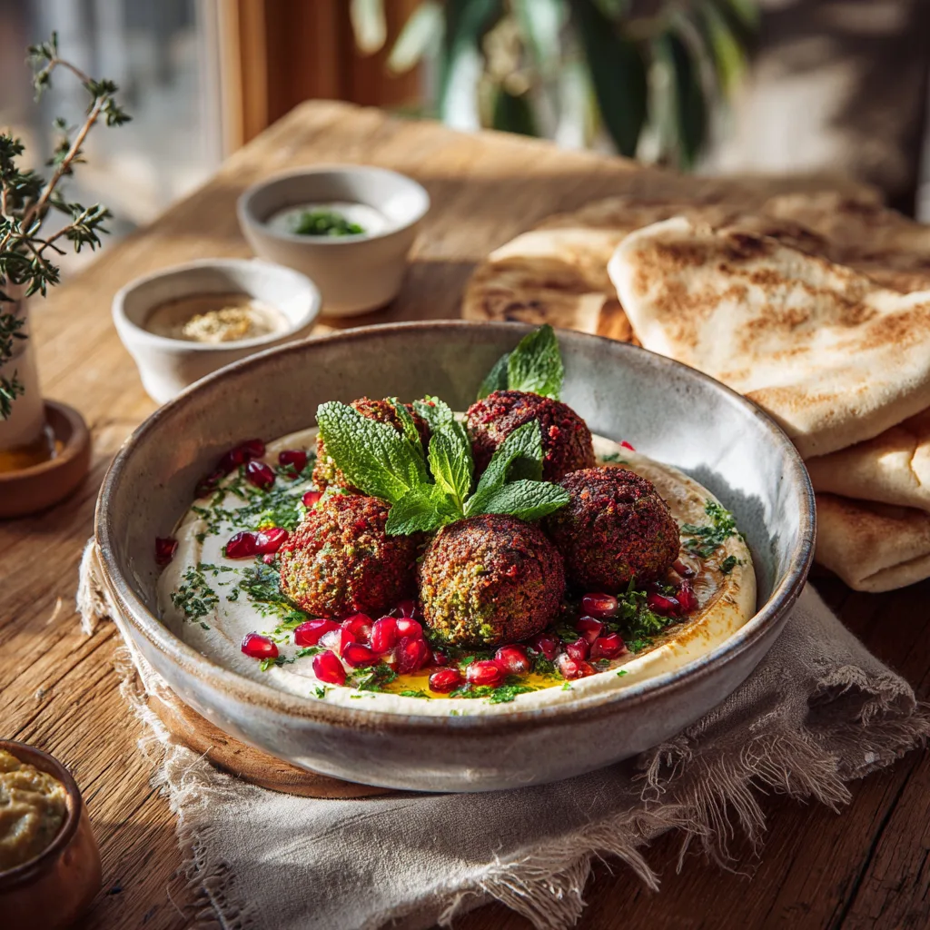 Angerichtete Falafel Bowl auf gedecktem Tisch mit Pita-Brot und Dips im mediterranen Stil