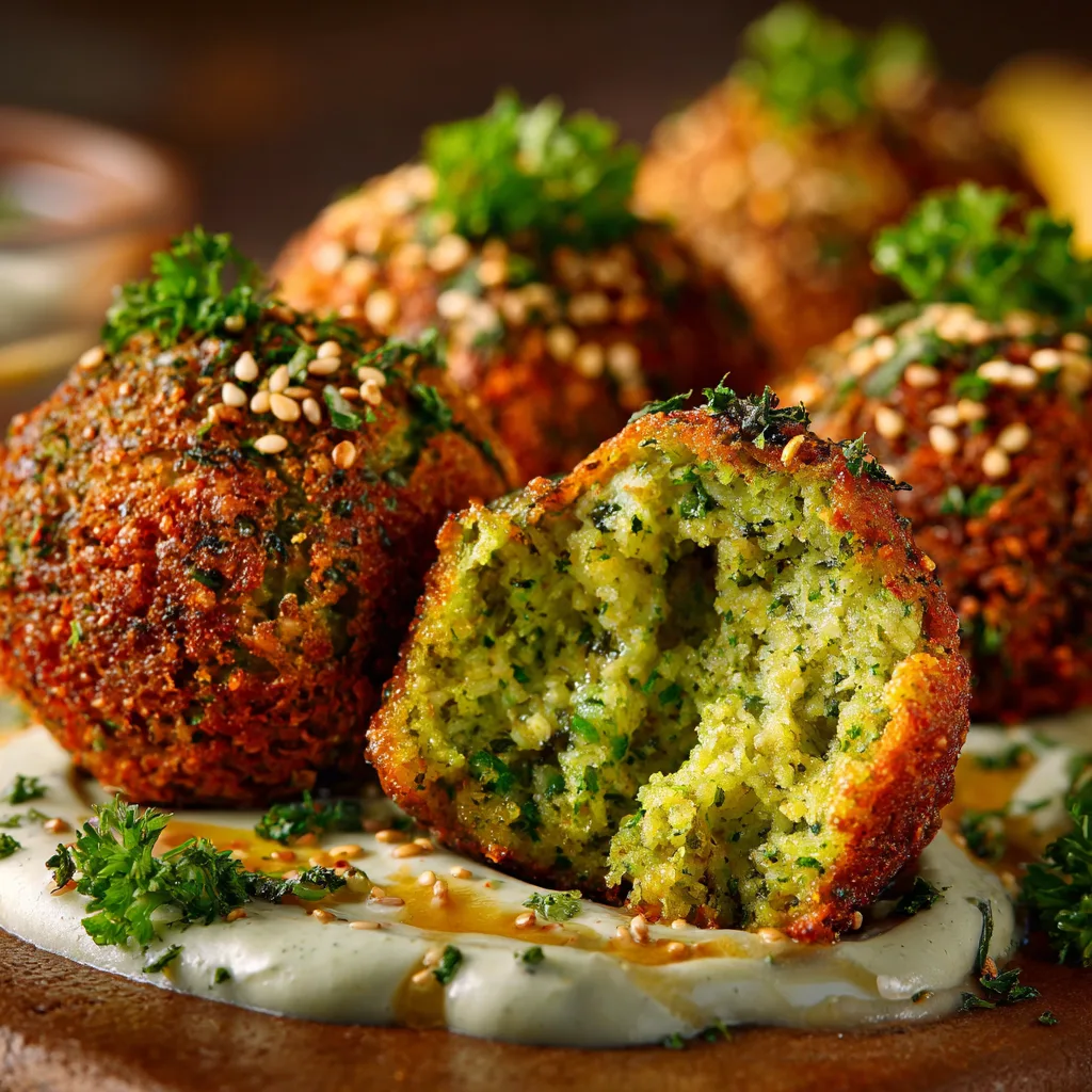 Knusprige Falafel aufgeschnitten mit grünem Inneren und Kräutern auf Tahini-Sauce