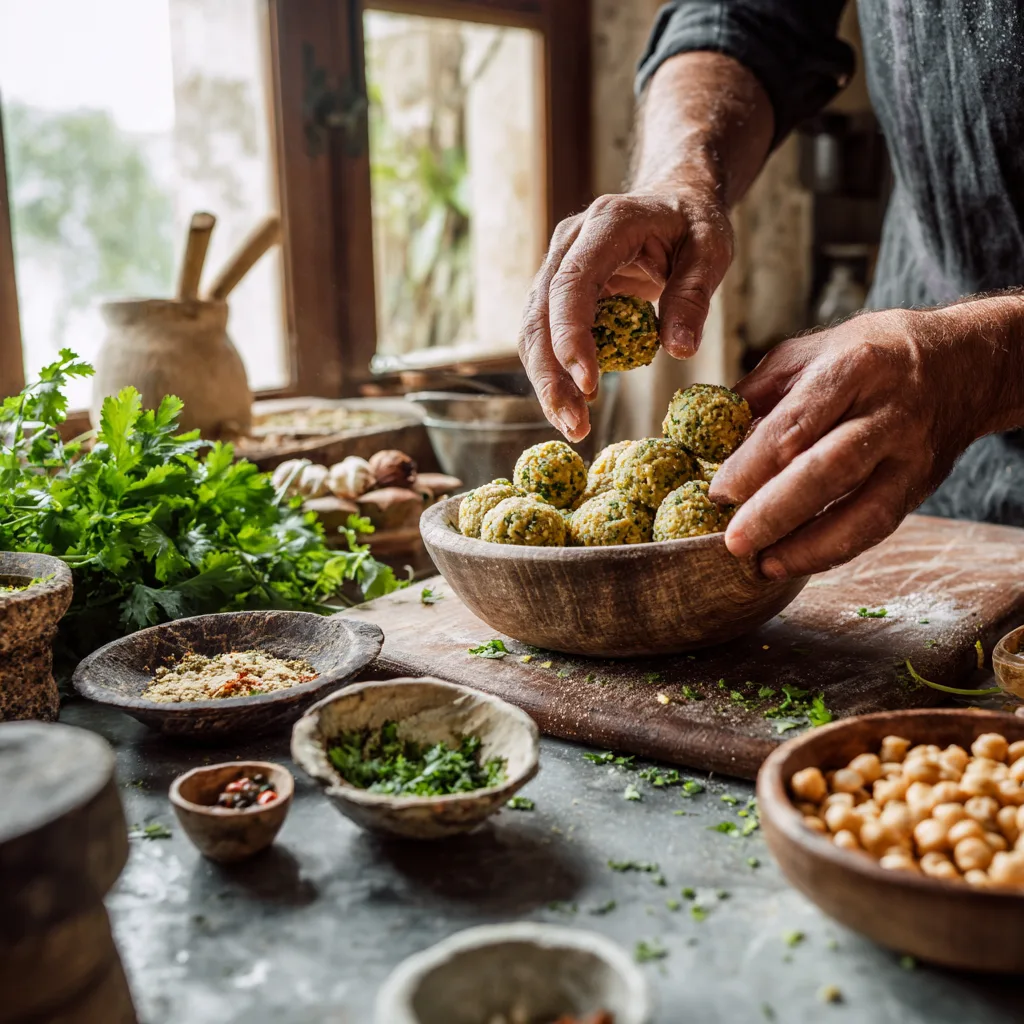 Hände formen Falafel-Bällchen aus Kichererbsen-Kräuter-Mischung in der Küche