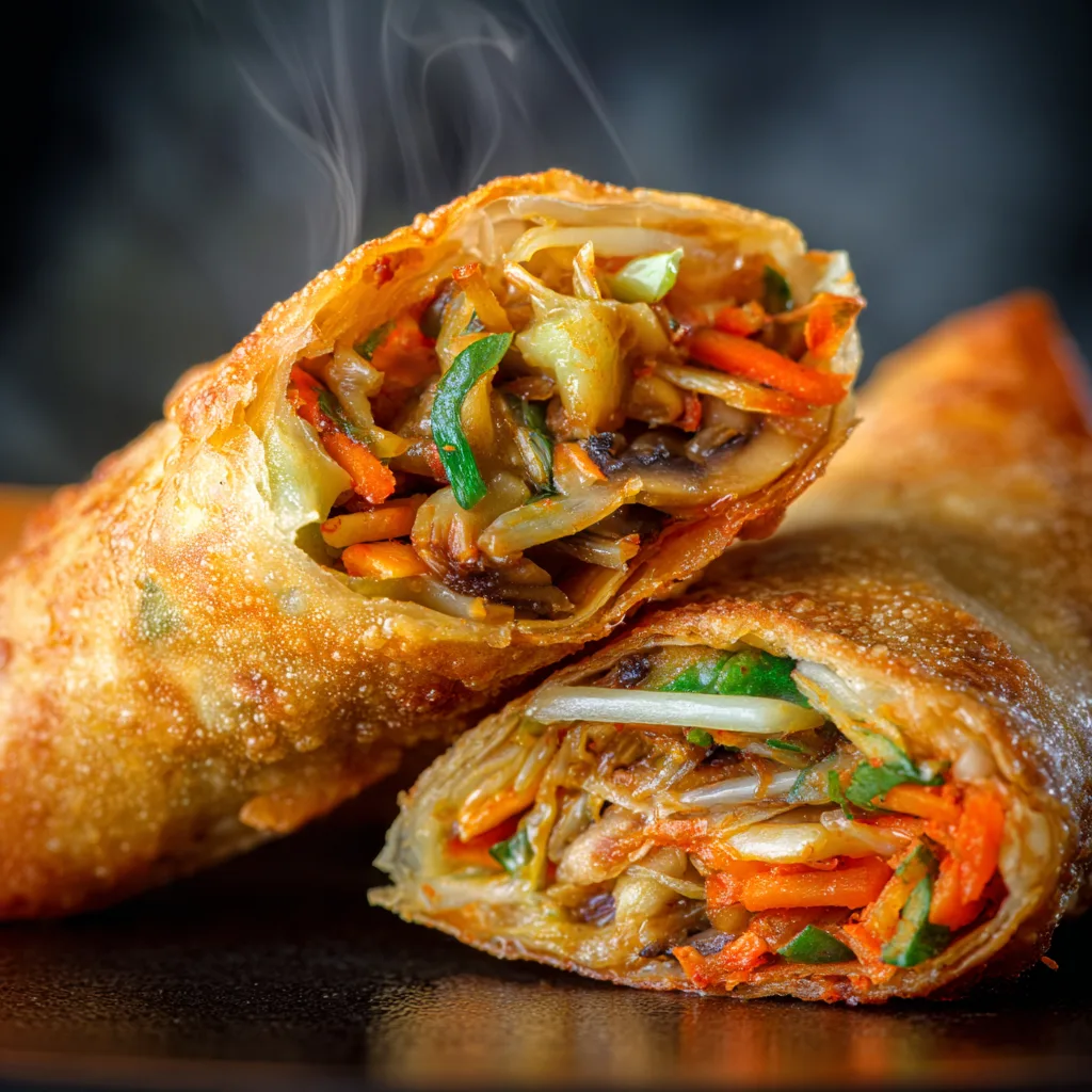 Frühlingsrollen Nahaufnahme – knusprige Textur und bunte Gemüsefüllung