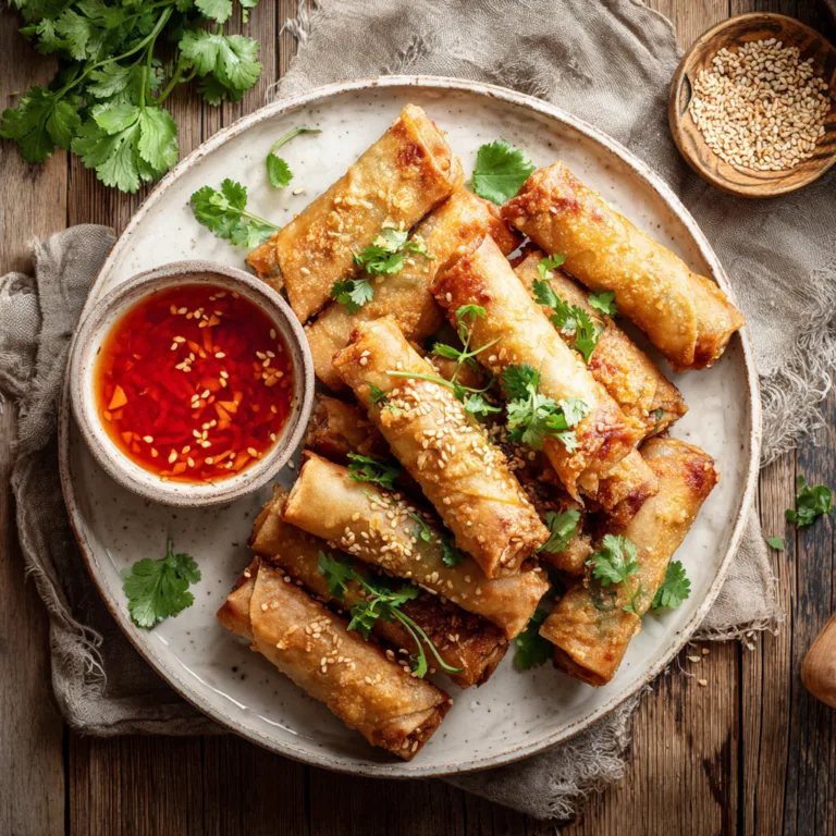 Frühlingsrollen auf einem Teller mit Sweet-Chili-Sauce – Draufsicht