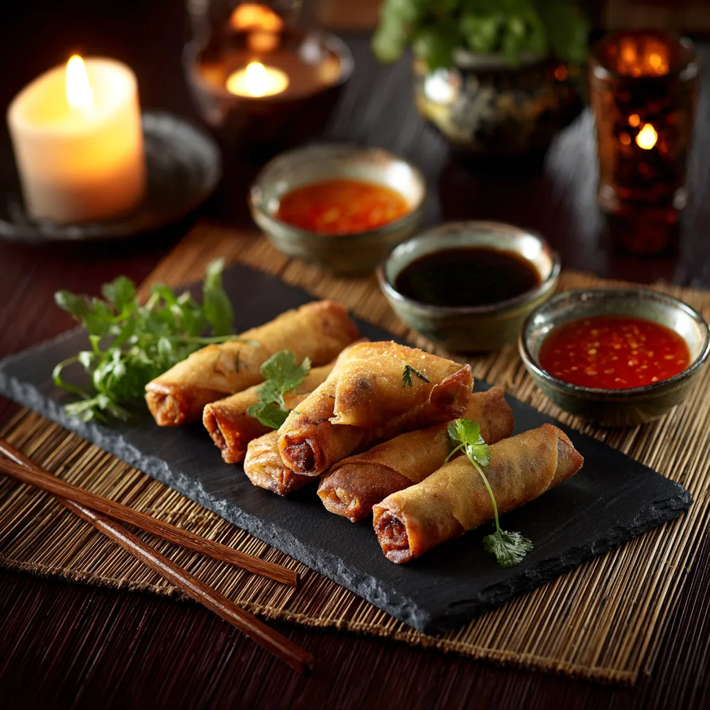 Frühlingsrollen serviert mit Dip-Saucen auf gedecktem Tisch – Servierfoto