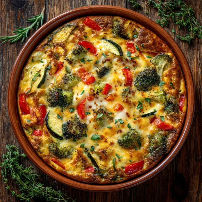 Gemüsequiche ohne Boden von oben fotografiert mit goldbrauner Käsekruste und buntem Gemüse