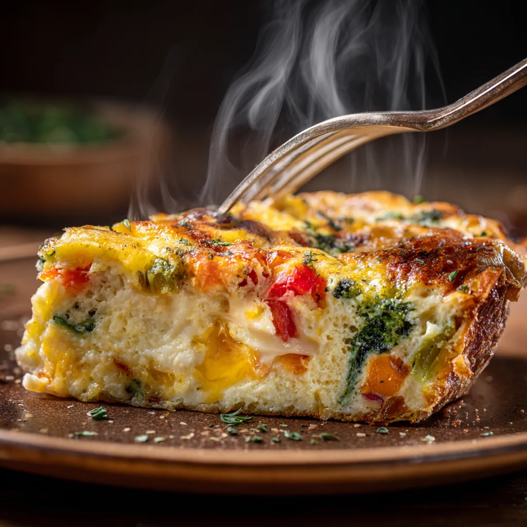 Angeschnittene Gemüsequiche ohne Boden zeigt cremige Textur mit Zucchini und Paprika