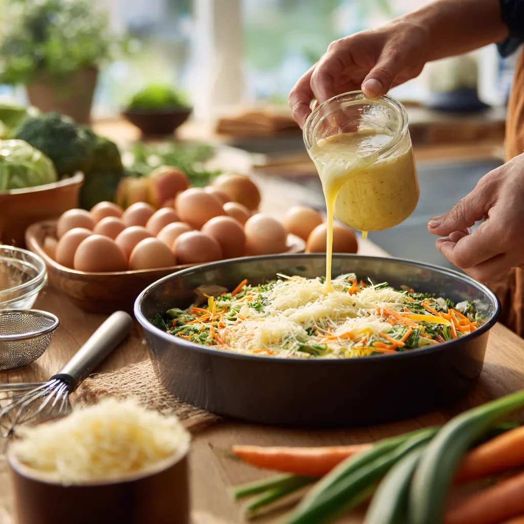 Eiermischung wird über Gemüse gegossen für Gemüsequiche ohne Boden Zubereitung