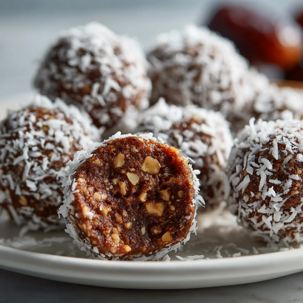 Nahaufnahme gesunde Ostern Naschen Energy Balls mit Datteln und Nüssen aufgeschnitten