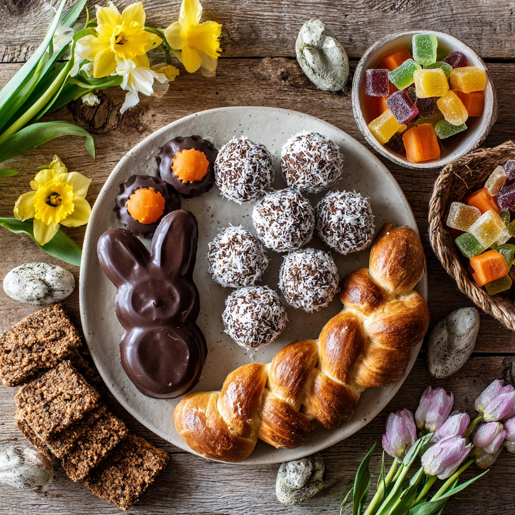 Gesunde Ostern Naschen Ideen mit Energy Balls, Frucht-Gummis und Schoko-Eiern auf rustikalem Holztisch