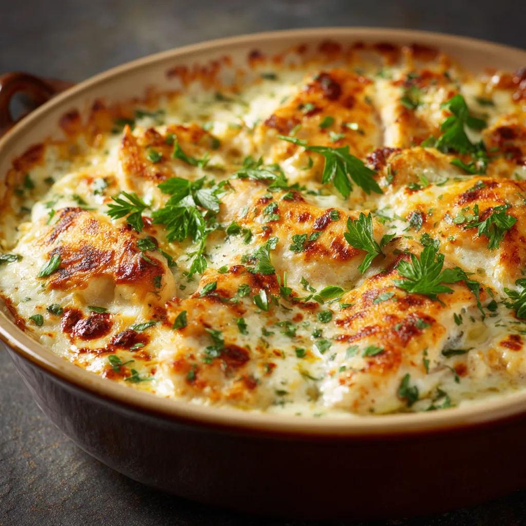 Hähnchen-Auflauf mit goldbrauner Käsekruste in Auflaufform