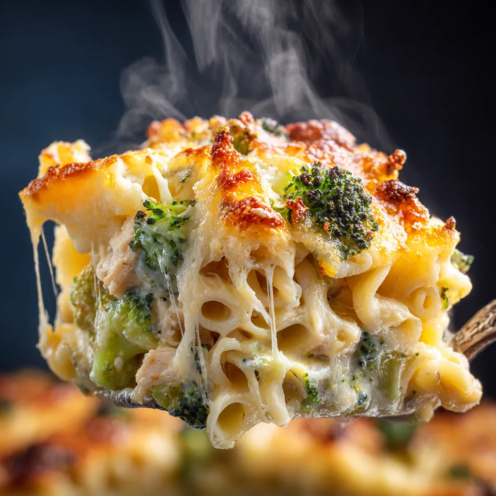 Nahaufnahme von Hähnchen-Auflauf Portion mit cremiger Sauce und Käse