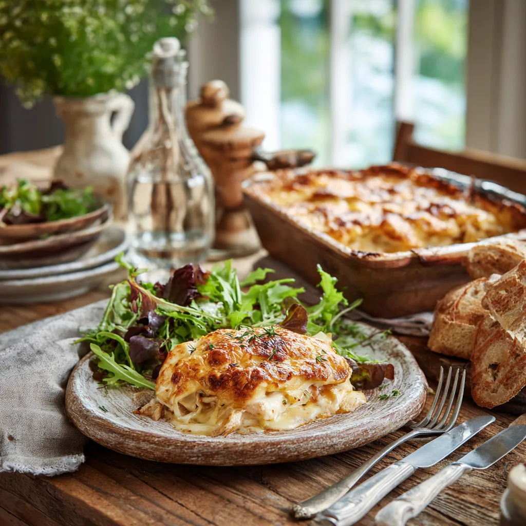 Servierter Hähnchen-Auflauf mit Beilagen auf gedecktem Tisch