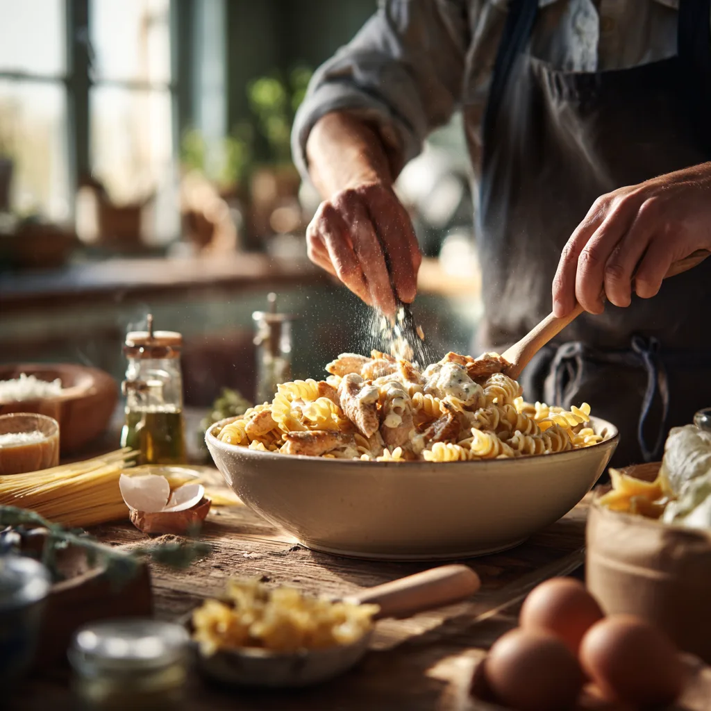 Zubereitung Hähnchen-Auflauf Mischung in Schüssel mit Kochutensilien