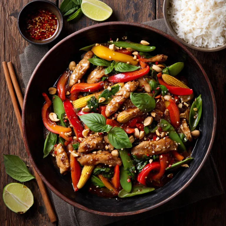 Hähnchen Pfanne Thai-Art mit buntem Gemüse und Basilikum von oben fotografiert