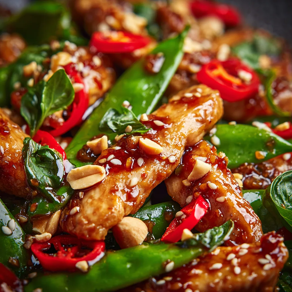 Nahaufnahme von Hähnchen Pfanne Thai-Art zeigt saftige Hähnchenstreifen mit glänzender Sauce