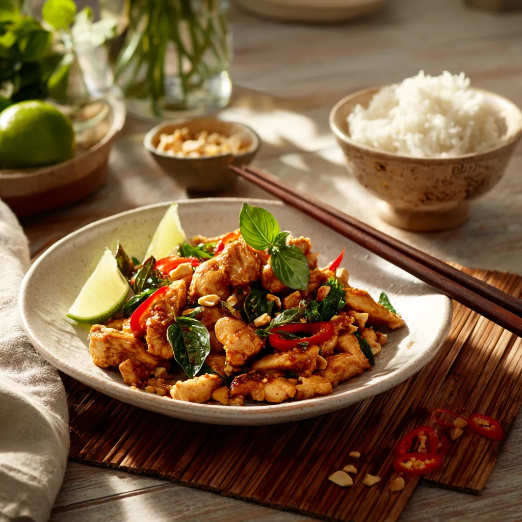 Hähnchen Pfanne Thai-Art appetitlich serviert mit Reis und Beilagen