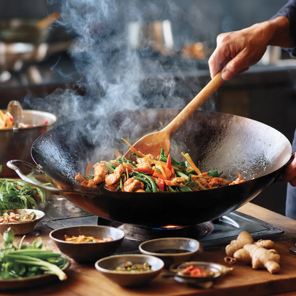 Hähnchen Pfanne Thai-Art wird im Wok bei hoher Hitze zubereitet