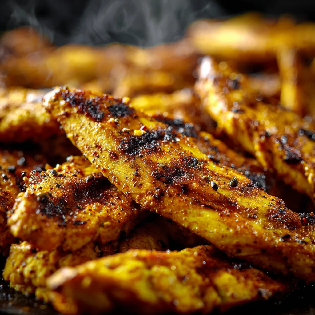 Nahaufnahme gegrillter Hähnchen Shawarma Streifen mit Gewürzmarinade