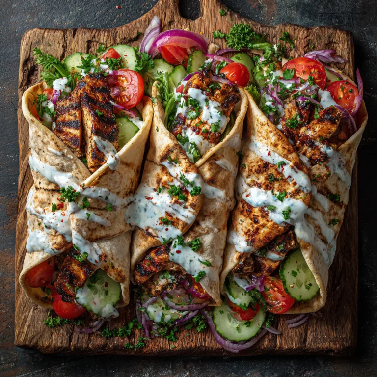Hähnchen Shawarma im Fladenbrot mit Gemüse und Tahini-Sauce von oben fotografiert