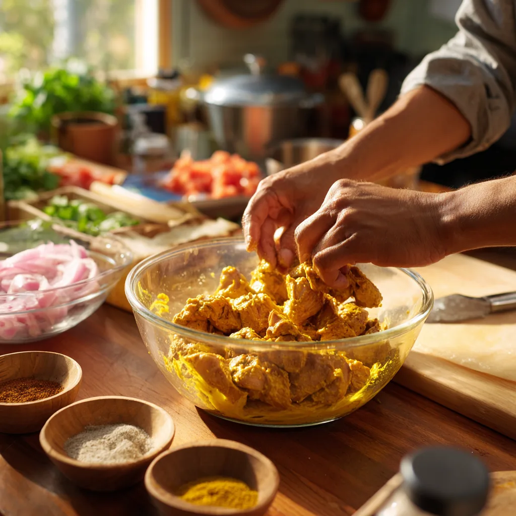 Zubereitung Hähnchen Shawarma mit Joghurt-Marinade in der Küche