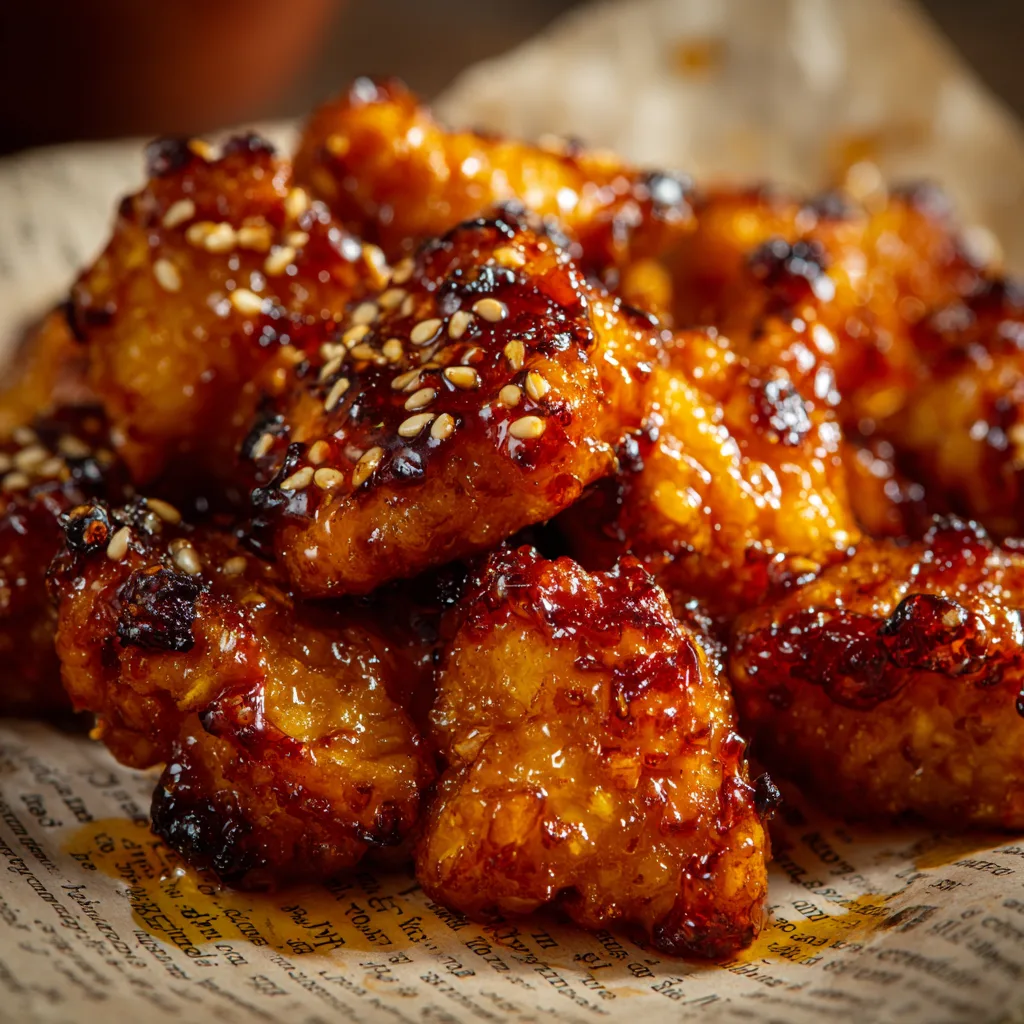 Nahaufnahme knuspriges Hähnchen Sweet Chili mit glänzender Sauce und Sesam