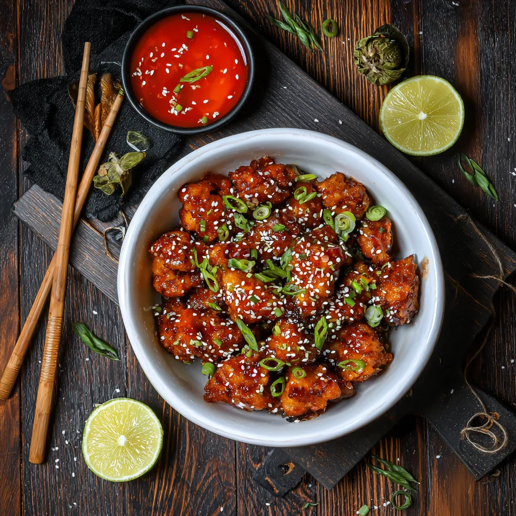 Hähnchen Sweet Chili von oben in weißer Schüssel mit Sesam und Frühlingszwiebeln