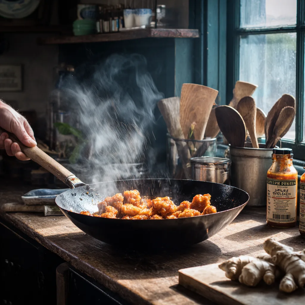 Hähnchen Sweet Chili wird in einem Wok mit Sauce geschwenkt