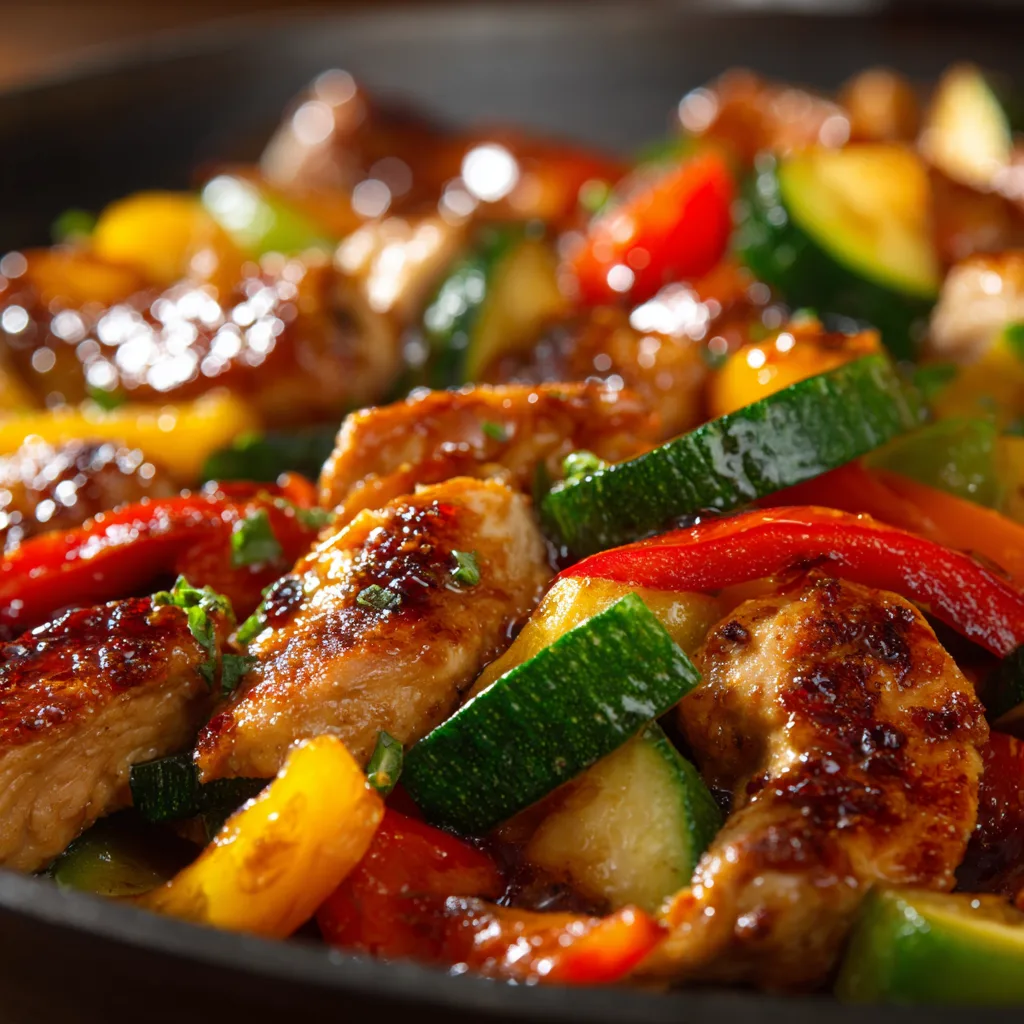 Nahaufnahme von saftigem Hähnchenbrust mit Gemüse zeigt Textur und karamellisierte Ränder