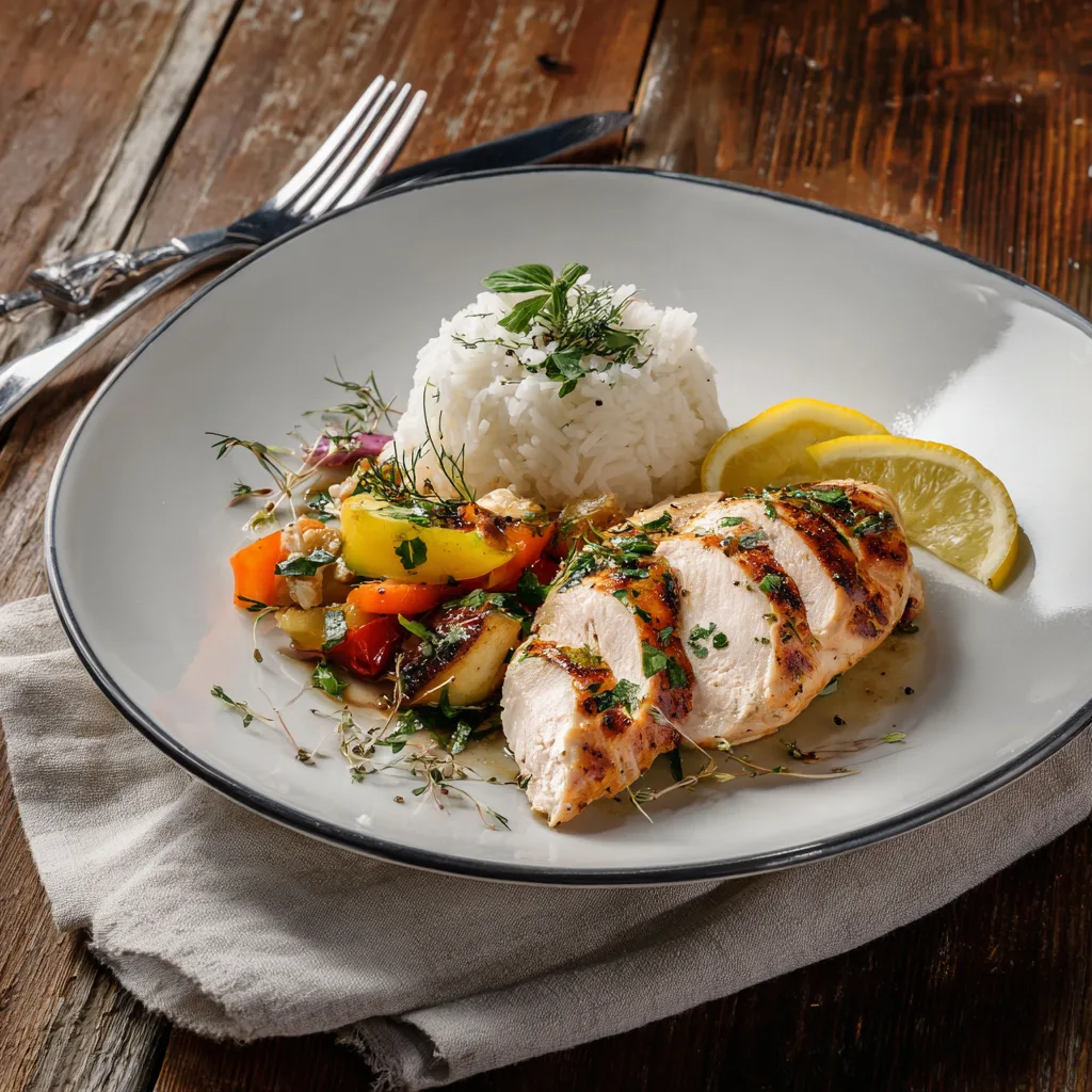 Elegant serviertes Hähnchenbrust mit Gemüse mit Reis Beilage und frischen Kräutern auf gedecktem Tisch