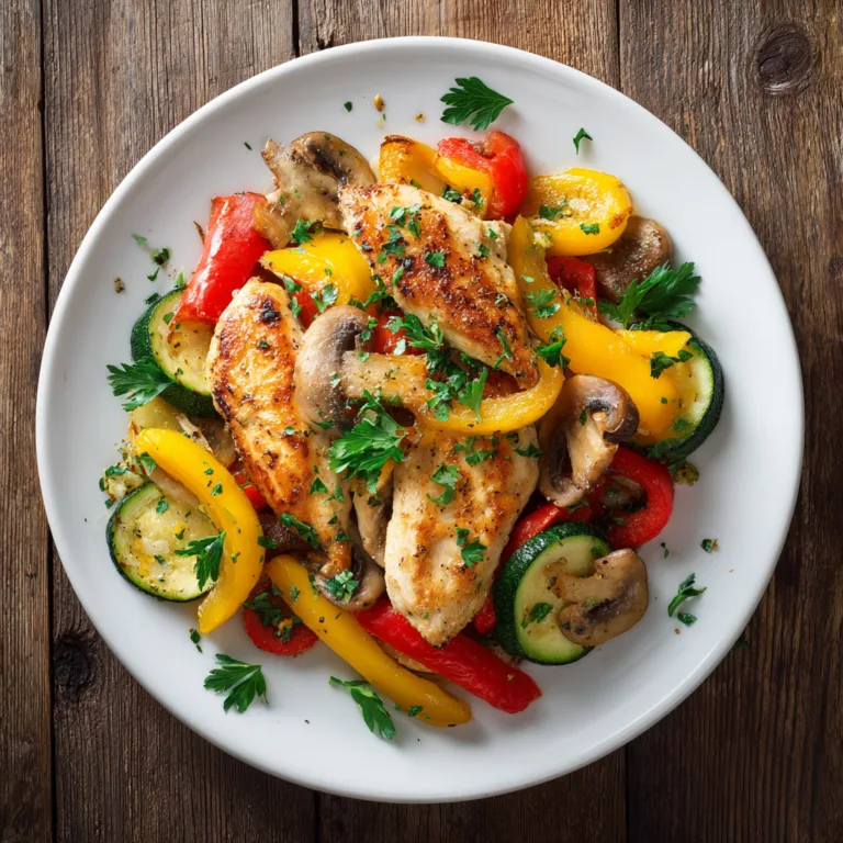 Hähnchenbrust mit Gemüse auf weißem Teller von oben fotografiert mit Paprika Zucchini und Champignons