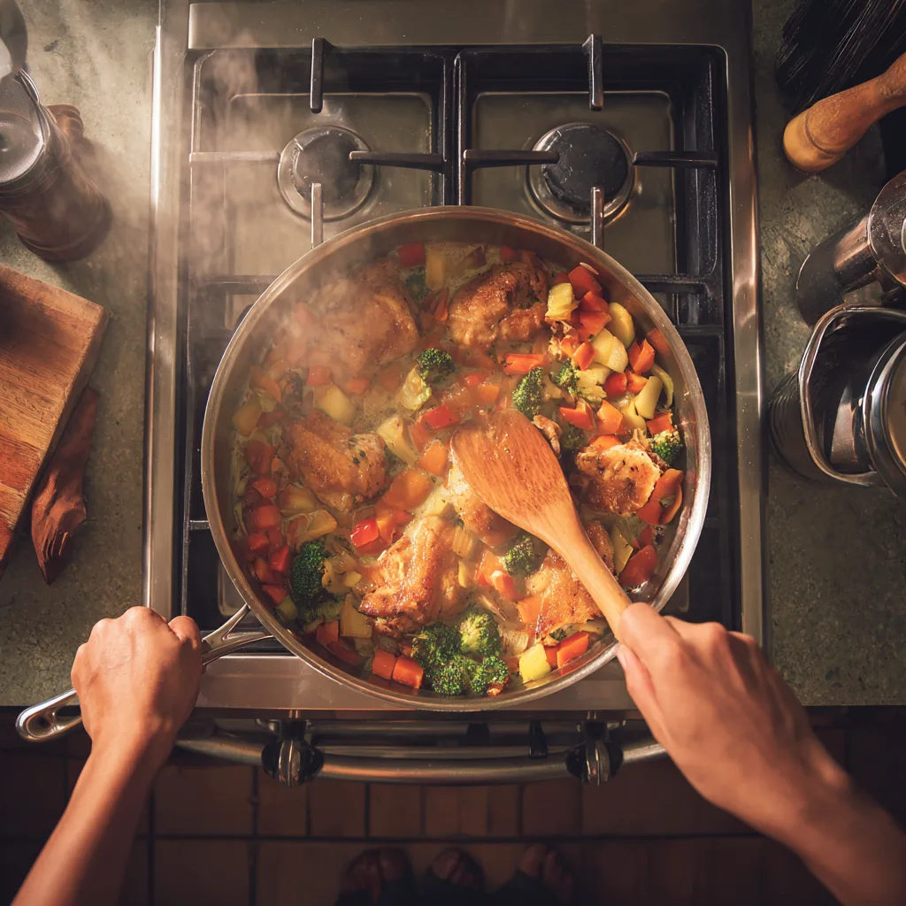 Hähnchenbrust mit Gemüse wird in großer Pfanne zubereitet während des Bratvorgangs